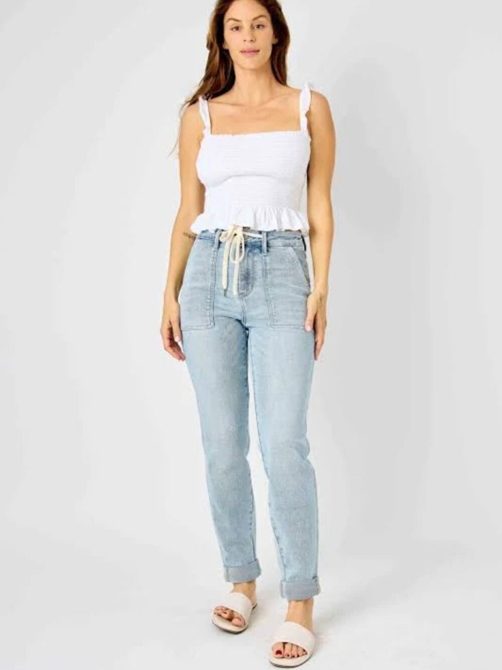 Judy Blue Jogger Jeans Drawstring Cuffed High Rise Cotton Pants Blue Size 11 30